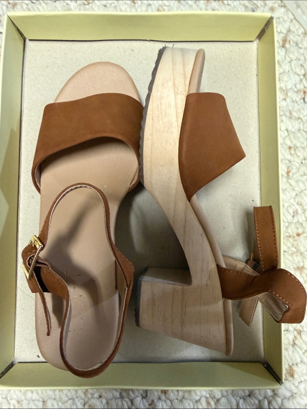 LOFT Brown Suede Wedge Sandals with Wood-Look Platform